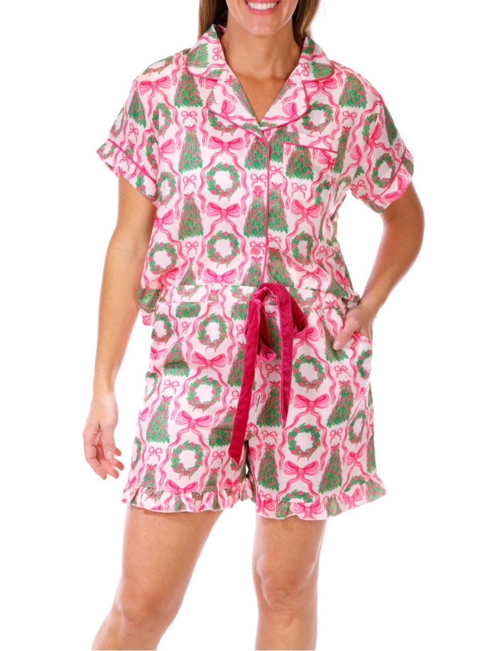 Simply Southern, NWTs Pink Holiday Print Short Pajama Set 2 piece set size sm